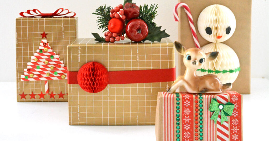 Group of pretty wrapped gifts with decorated gift wraps.