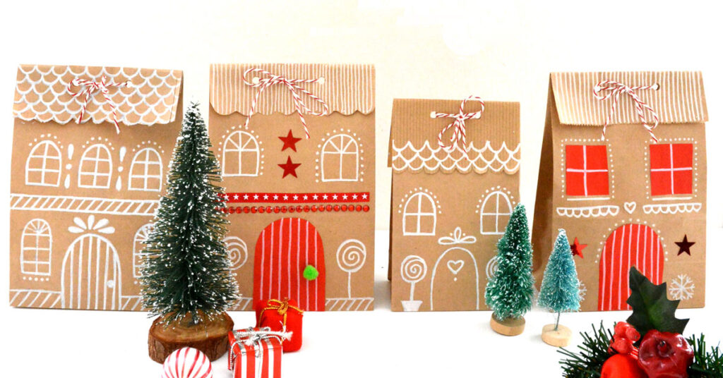 How to turn brown paper bags into Christmas gingerbread house gift bags.