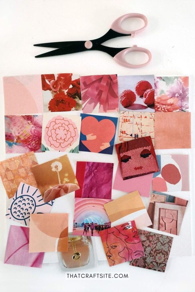 Many pink toned collage images being cut to size to fit canvas.